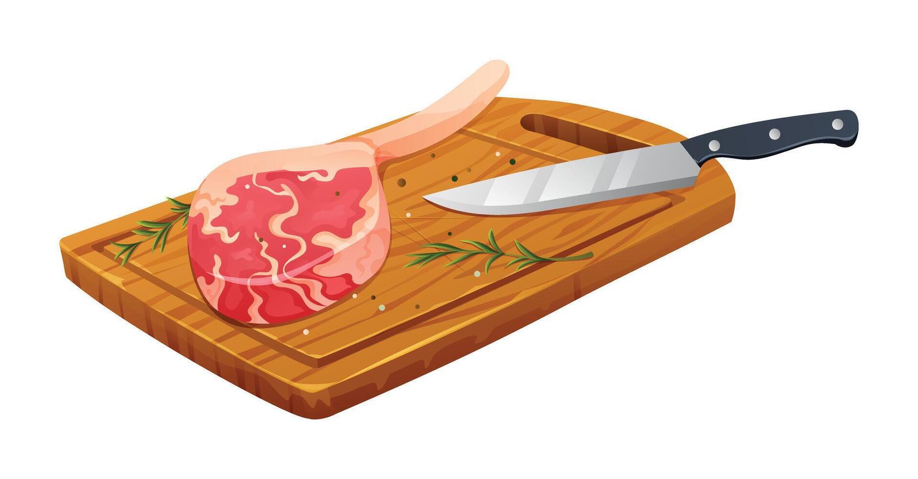 fresco cru tomahawk carne bife com sal, alecrim e faca em corte borda. vetor ilustração isolado em branco fundo