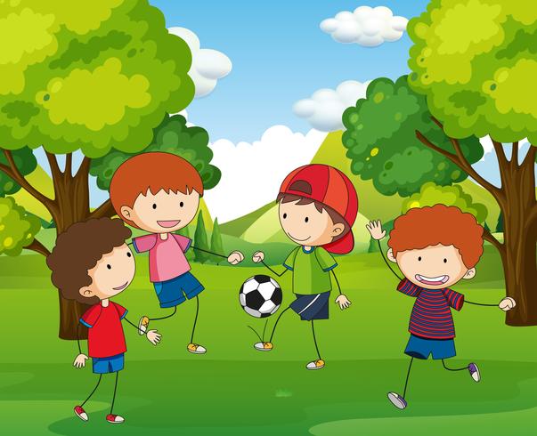 Meninos jogando futebol no parque vetor