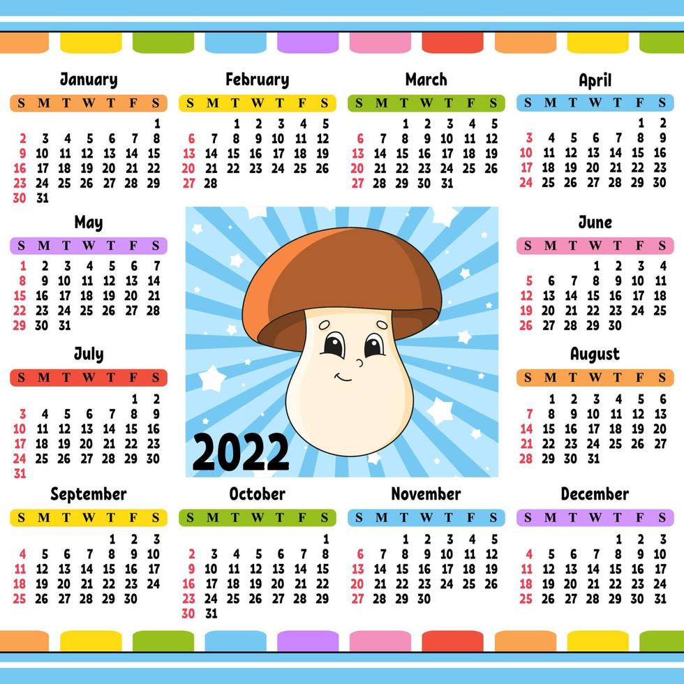 calendário para 2022 com um personagem fofo. design divertido e brilhante. ilustração isolada do vetor da cor. estilo de desenho animado.