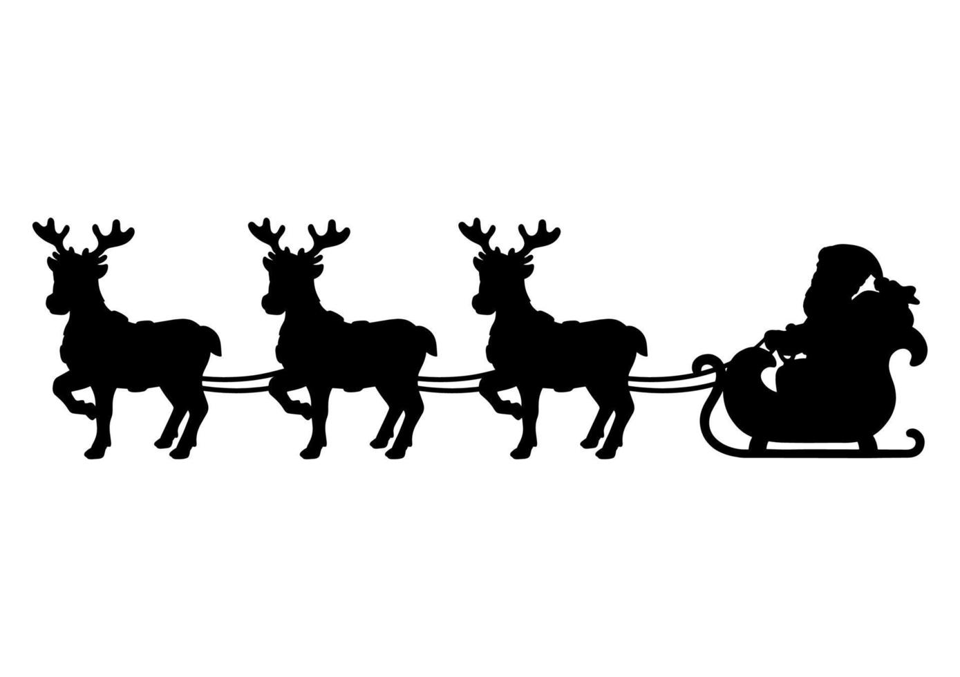 Papai Noel carrega presentes de Natal em um trenó de renas. silhueta negra. elemento de design. ilustração vetorial isolada no fundo branco. modelo para livros, adesivos, cartazes, cartões, roupas. vetor