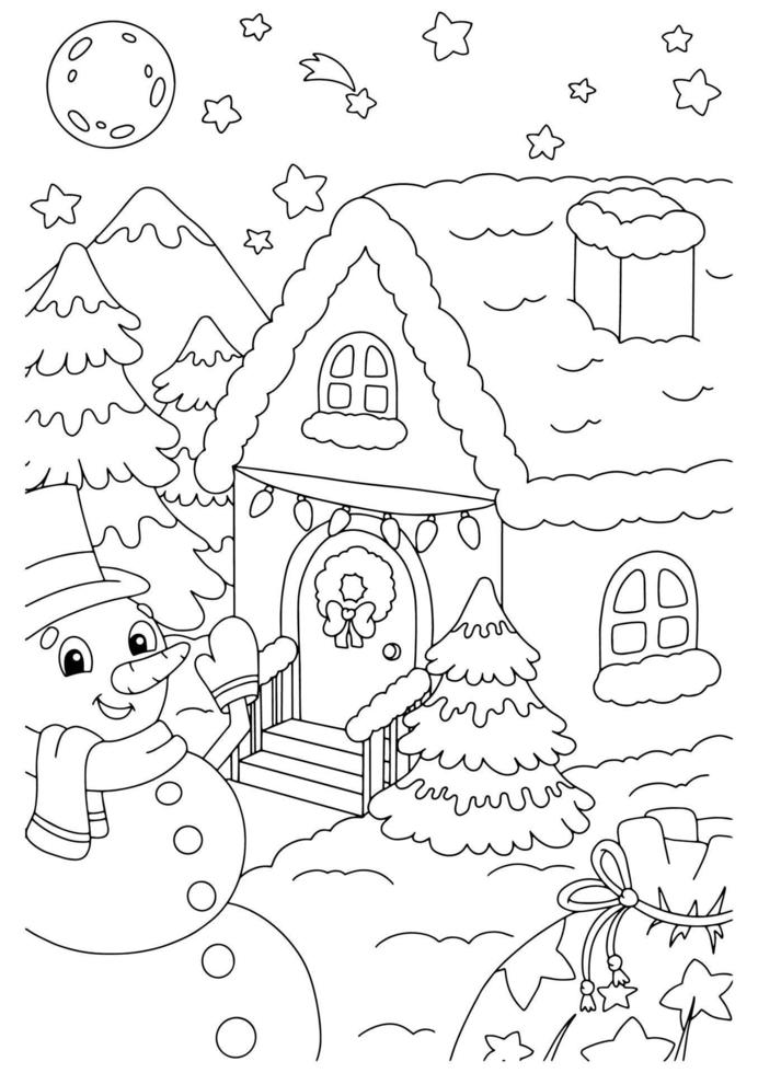 um boneco de neve fofo fica na casa de natal. página do livro para colorir para crianças. personagem de estilo de desenho animado. ilustração vetorial isolada no fundo branco. vetor
