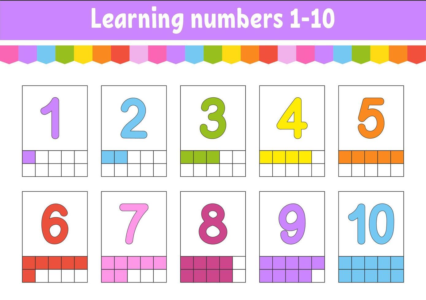 definir cartões de memória flash para crianças. aprendendo números 1-10. planilha de desenvolvimento de educação. página de atividades para a escola. jogo de cores para crianças. ilustração vetorial. estilo de desenho animado. vetor
