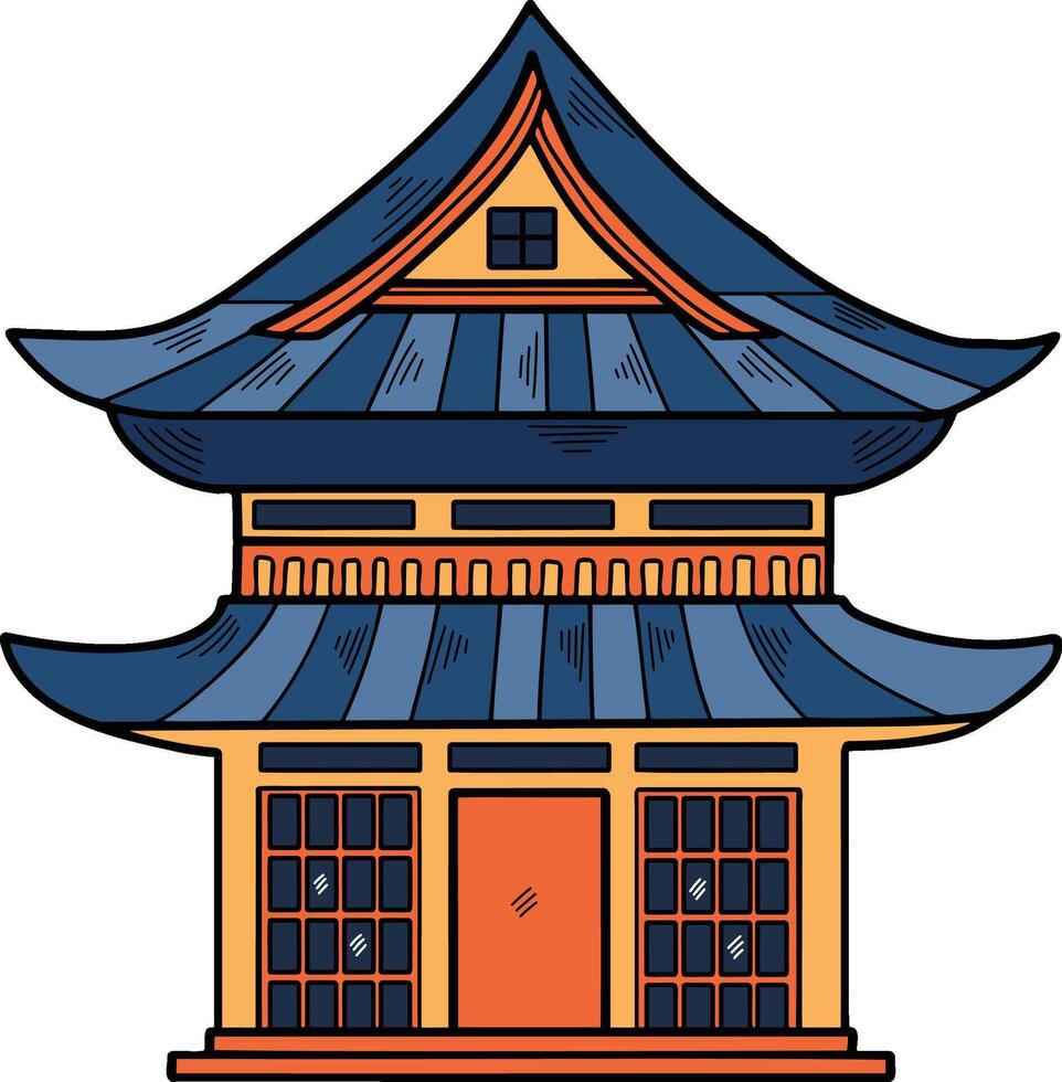 mão desenhado japonês e chinês estilo pavilhões ou pagodes dentro plano estilo vetor