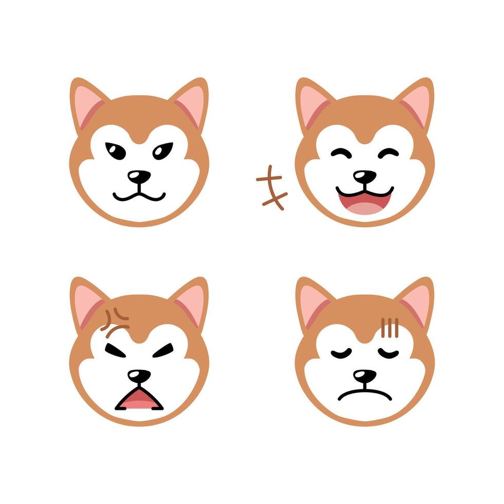 conjunto do fofa personagem akita inu cachorro rostos mostrando diferente emoções vetor