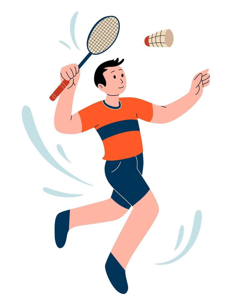 badminton campeonato ilustração. 1 badminton jogador pulando esmagar tomada. personagem para Esportes classificação rede, cartão postal, mascote, esporte escola. saudável estilo de vida fundo. vetor plano ilustração