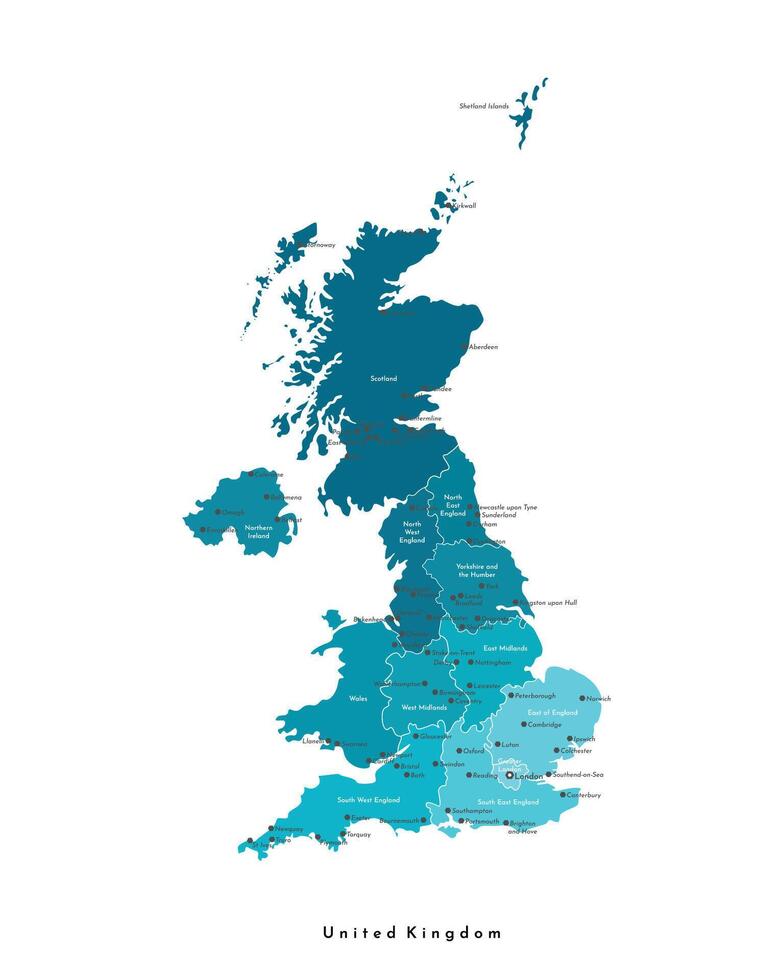 vetor moderno ilustração. simplificado geográfico mapa do Unidos reino do ótimo Grã-Bretanha e norte Irlanda, Reino Unido. azul fundo do irlandês mar, norte atlântico. nomes do cidades, regiões