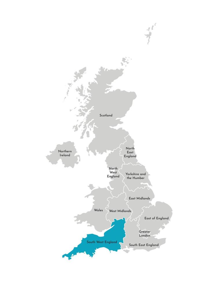 vetor isolado ilustração do simplificado administrativo mapa do a Unidos reino, Reino Unido. azul forma do sul oeste Inglaterra. fronteiras e nomes do a regiões. cinzento silhuetas. branco contorno.