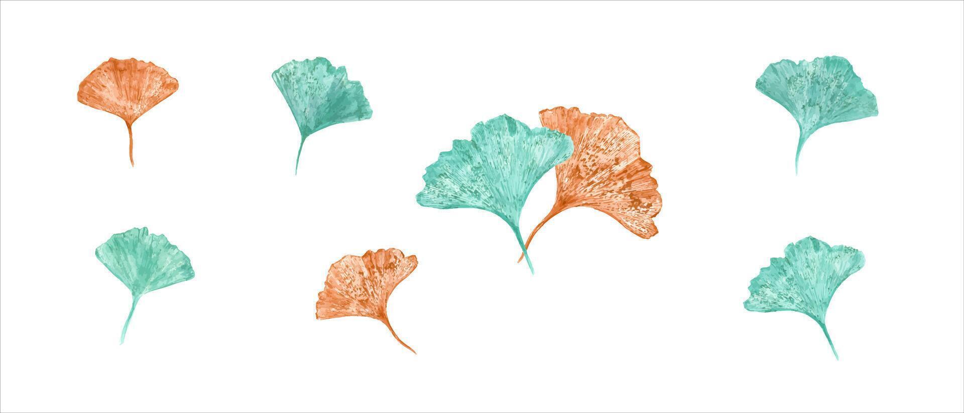 impressões do outono folhas dentro turquesa, dourado cores. gingko folha. conjunto do ginkgo, Palma, seco abstrato folhas. aguarela ilustração do colorida folha silhuetas. vetor