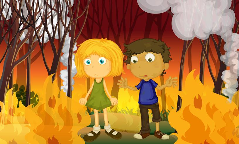 Um casal na floresta com um incêndio vetor