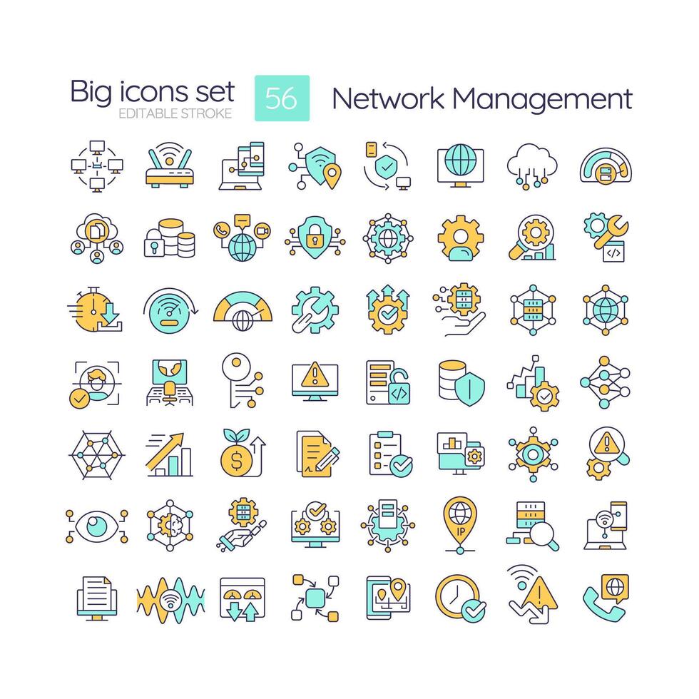 rede gestão rgb cor ícones definir. sistema arquitetura, digital administração. desempenho monitoramento. isolado vetor ilustrações. simples preenchidas linha desenhos coleção. editável acidente vascular encefálico