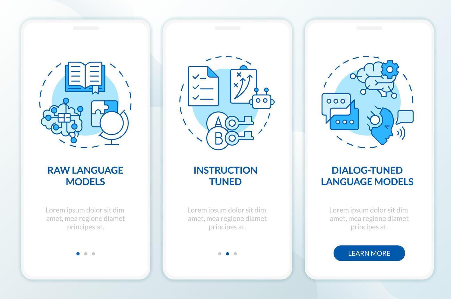 llm tipos onboarding Móvel aplicativo tela. artificial inteligência. passo a passo 3 passos editável gráfico instruções com linear conceitos. interface do usuário, ux, gui modelo vetor