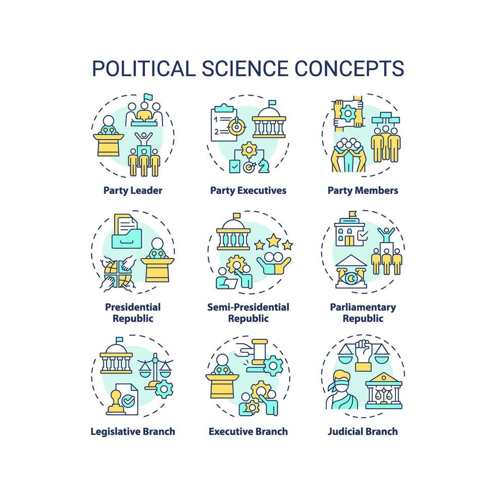 político Ciência multi cor conceito ícones. governo estrutura, social política. democracia ideologia, lei regulamento. ícone pacote. vetor imagens. volta forma ilustrações. abstrato idéia