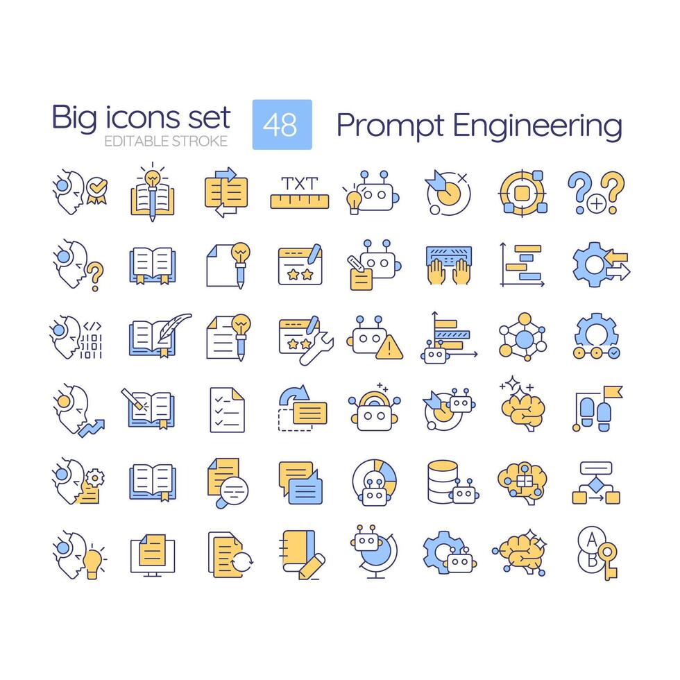 pronto Engenharia rgb cor ícones definir. Projeto instruções. teste e otimizar tarefas. chatbot interação. isolado vetor ilustrações. simples preenchidas linha desenhos coleção. editável acidente vascular encefálico