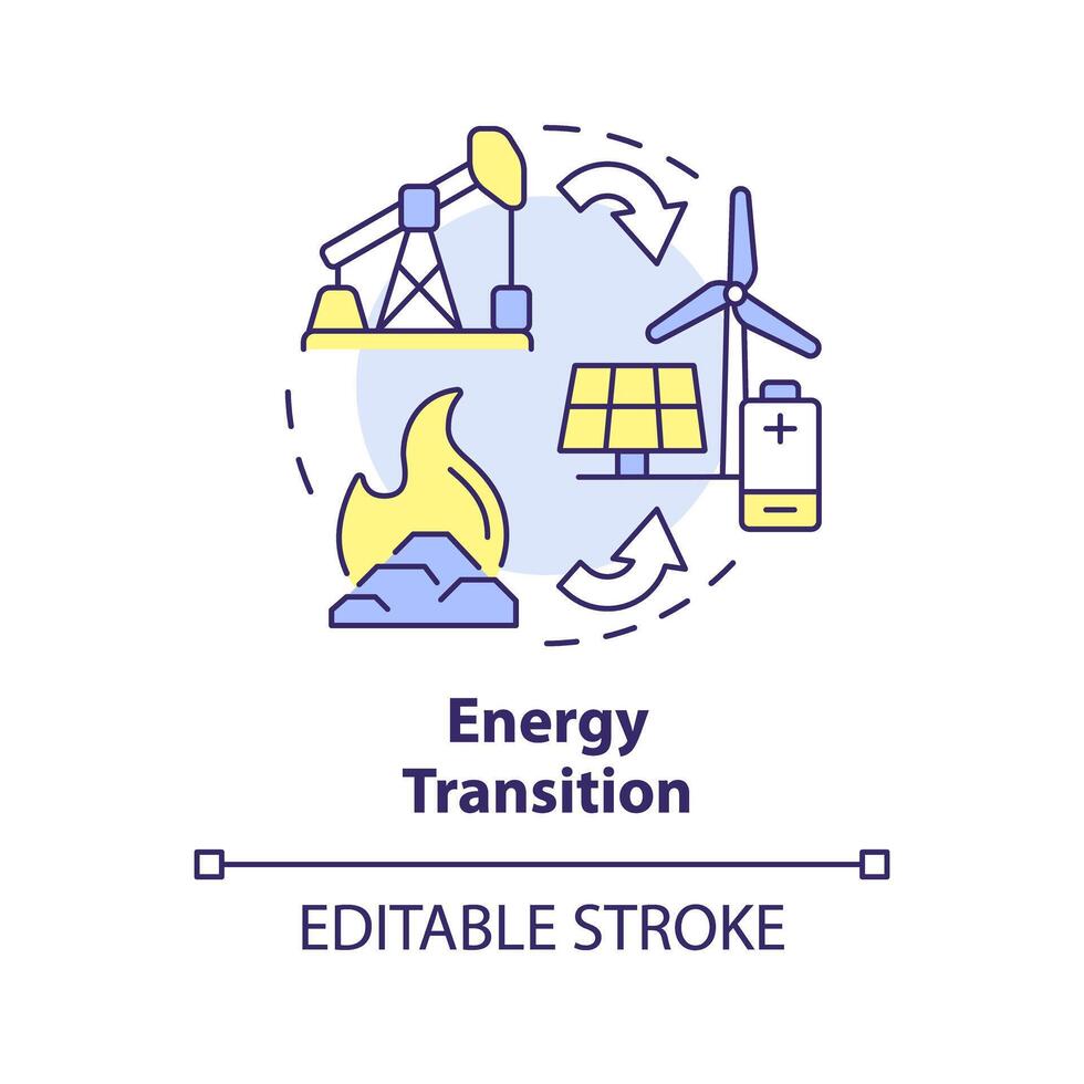 energia transição multi cor conceito ícone. verde tecnologias, descarbonização. amigo do ambiente baterias. volta forma linha ilustração. abstrato ideia. gráfico Projeto. fácil para usar dentro folheto, livreto vetor