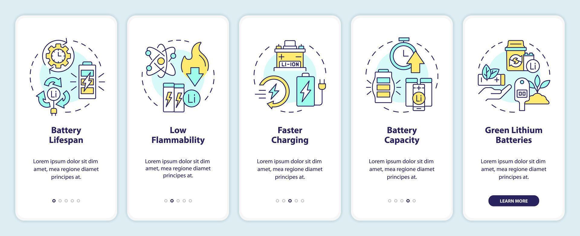 íon-lítio pilhas aspectos onboarding Móvel aplicativo tela. passo a passo 5 passos editável gráfico instruções com linear conceitos. interface do usuário, ux, gui modelo vetor