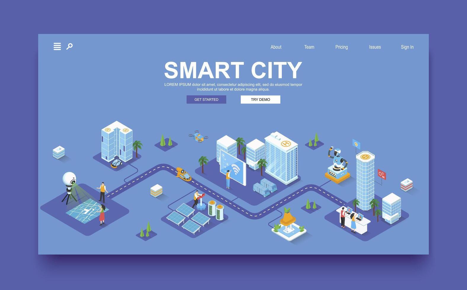 inteligente cidade conceito 3d isométrico aterrissagem página modelo. pessoas viver dentro arranha-céus com inteligente automação sistema e futurista a infraestrutura. vetor ilustração dentro isometria gráfico Projeto.