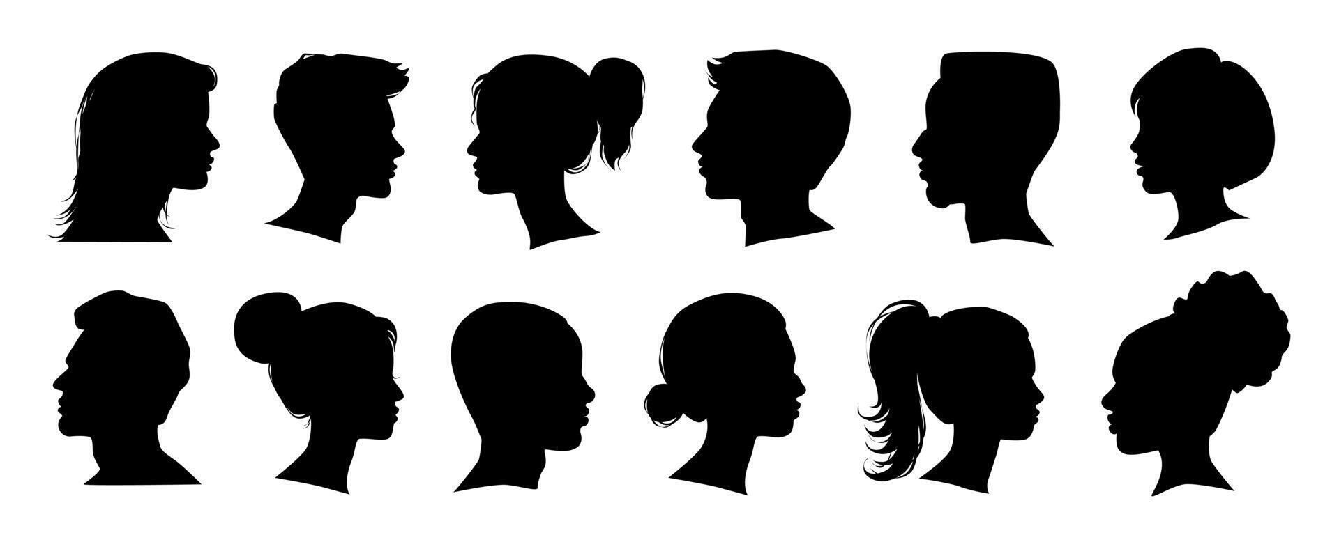 cabeça perfil silhueta mega conjunto dentro plano gráfico Projeto. coleção elementos do diferente masculino e fêmea humano Preto retratos, africano americano ou caucasiano anônimo avatares. vetor ilustração.