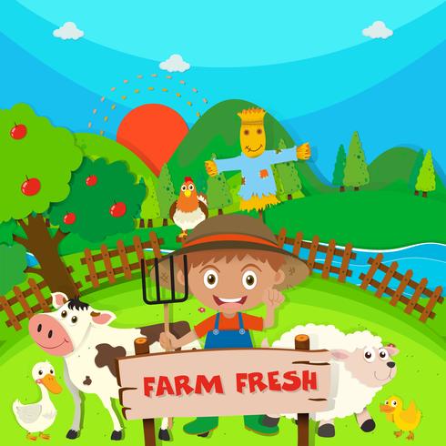 Agricultor e animais de fazenda na fazenda vetor