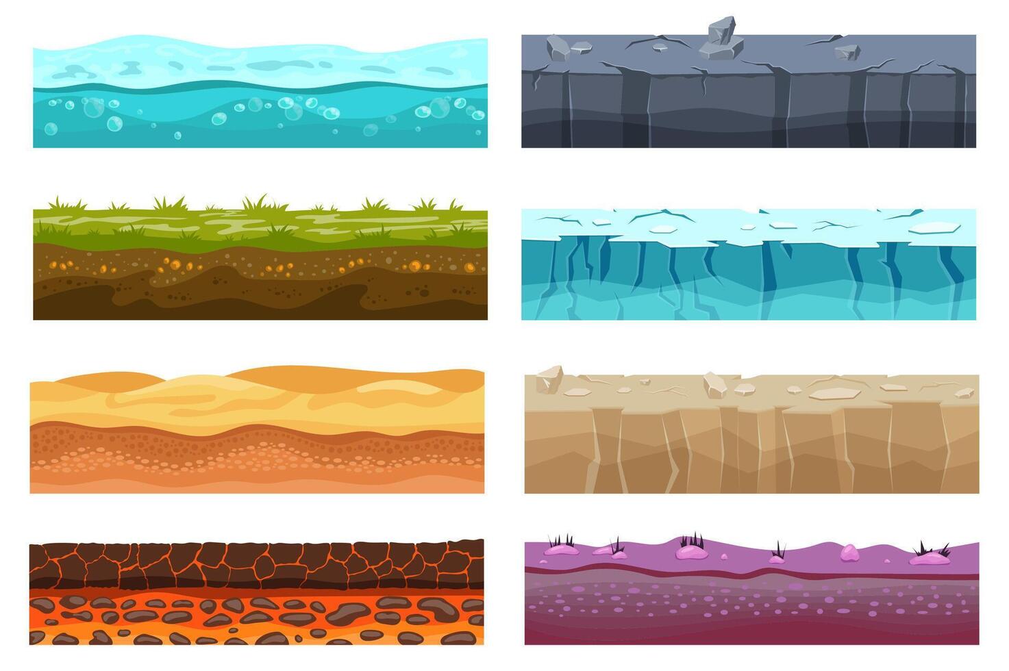 jogos nível terra mega conjunto elementos dentro plano Projeto. agrupar do água, Relva com solo, deserto areia, quente lava, pedra, neve e gelo, terra rochosa modelos. vetor ilustração isolado gráfico objetos