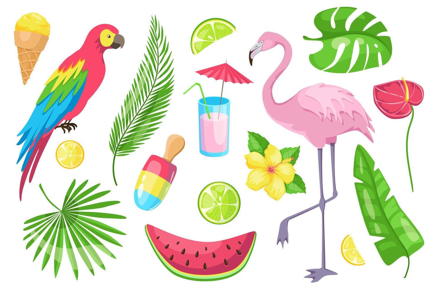 horário de verão conjunto gráfico elementos dentro plano Projeto. agrupar do gelo creme, papagaio, Palma folhas, limão, Lima, coquetel, flamingo, melancia, tropical flores e outro. vetor ilustração isolado objetos