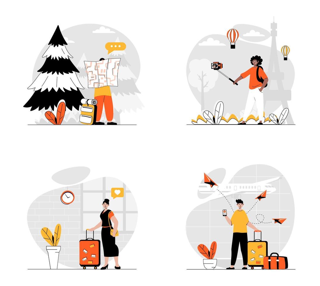 viajando conceito com personagem definir. coleção do cenas pessoas com bagagem voar e ir em férias, caminhada dentro floresta e passeios turísticos viagem, fazer selfie. vetor ilustrações dentro plano rede Projeto