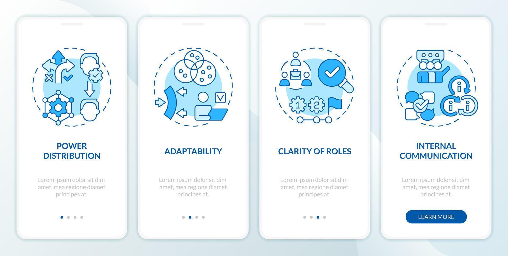 holocracia benefícios azul onboarding Móvel aplicativo tela. distribuir papéis passo a passo 4 passos editável gráfico instruções com linear conceitos. interface do usuário, ux, gui modelo vetor