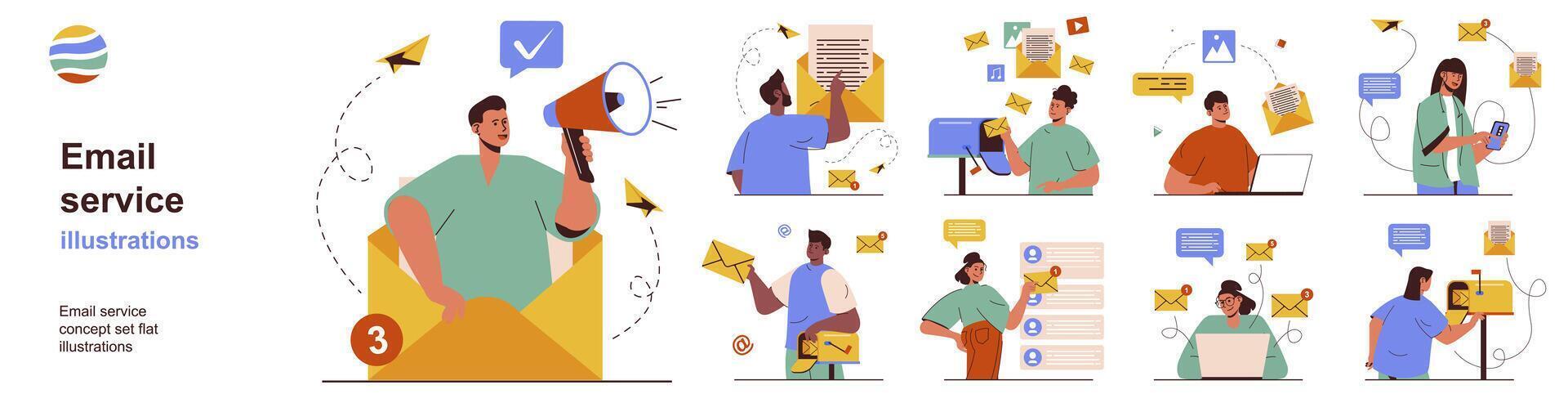 o email serviço conceito com personagem situações coleção. agrupar do cenas pessoas usar programas para receber conectados cartas, marketing correspondências e Spam. vetor ilustrações dentro plano rede Projeto