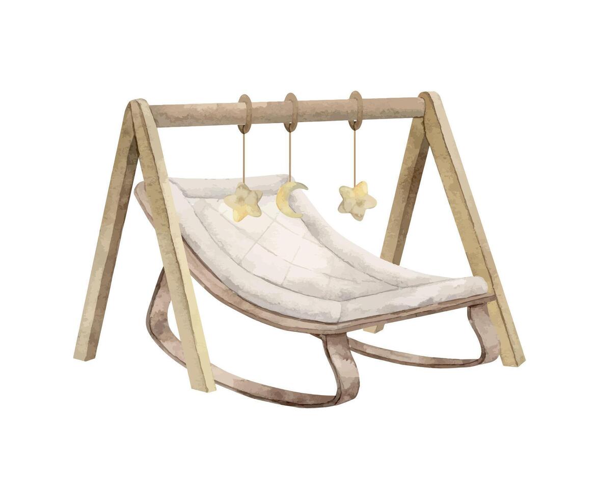de madeira balanço cadeira para uma bebê, com uma suave almofada e a arco com suspensão estrelas. isolado aguarela ilustração para crianças interior, cartões, adesivos, têxteis, projeto, convites, sites vetor