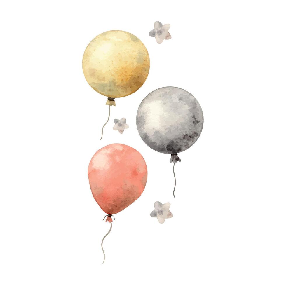 aguarela composição com multicolorido balões e estrelas. ilustração mão desenhado em isolado fundo para cartões, interior, adesivos, têxteis, projeto, convites, aniversários, aniversários vetor