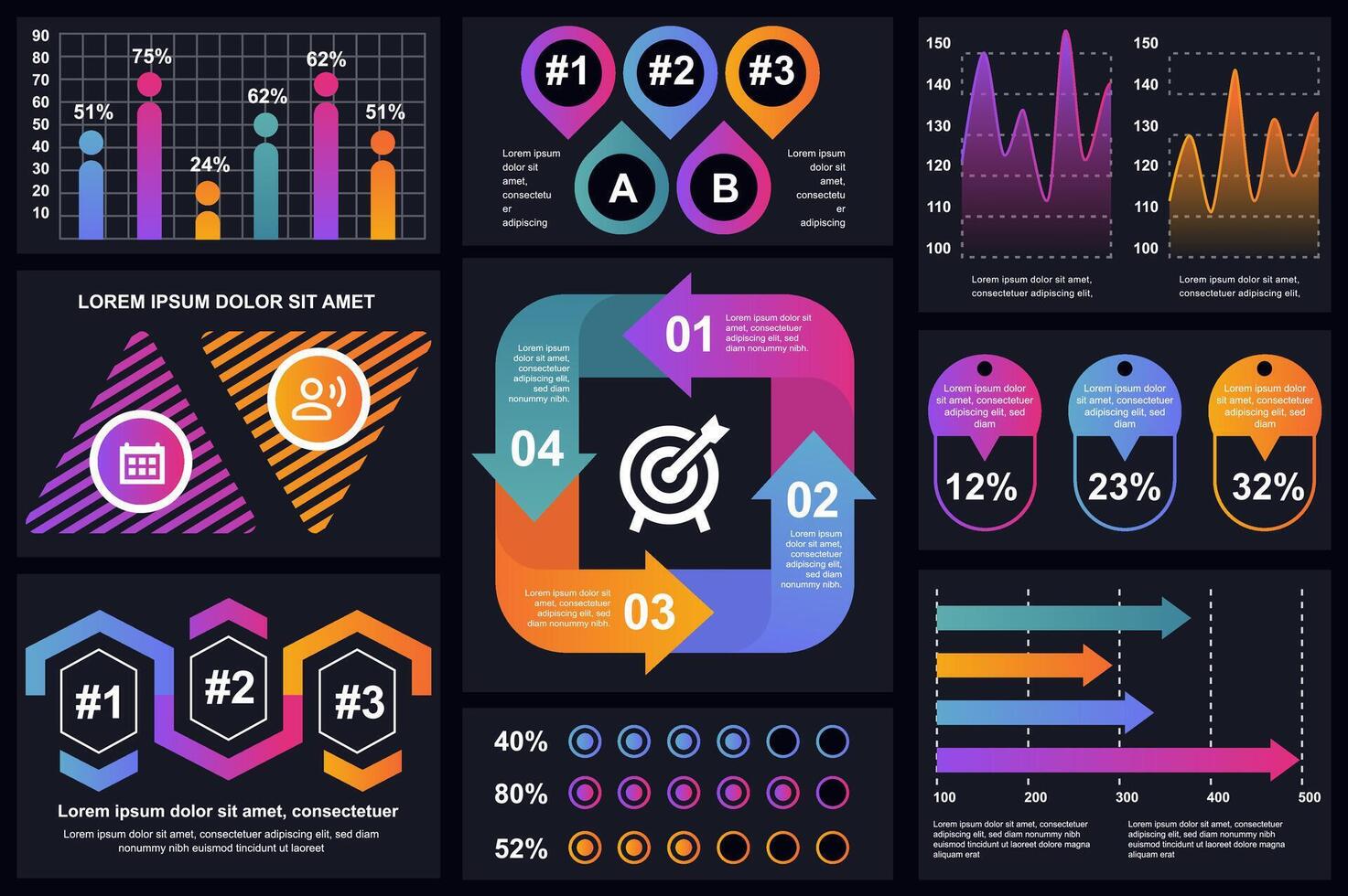 conjunto do infográfico elementos dados visualização vetor Projeto modelo. pode estar usava para passos, opções, o negócio processo, fluxo de trabalho, diagrama, fluxograma conceito, Linha do tempo, marketing ícones, informação gráficos.