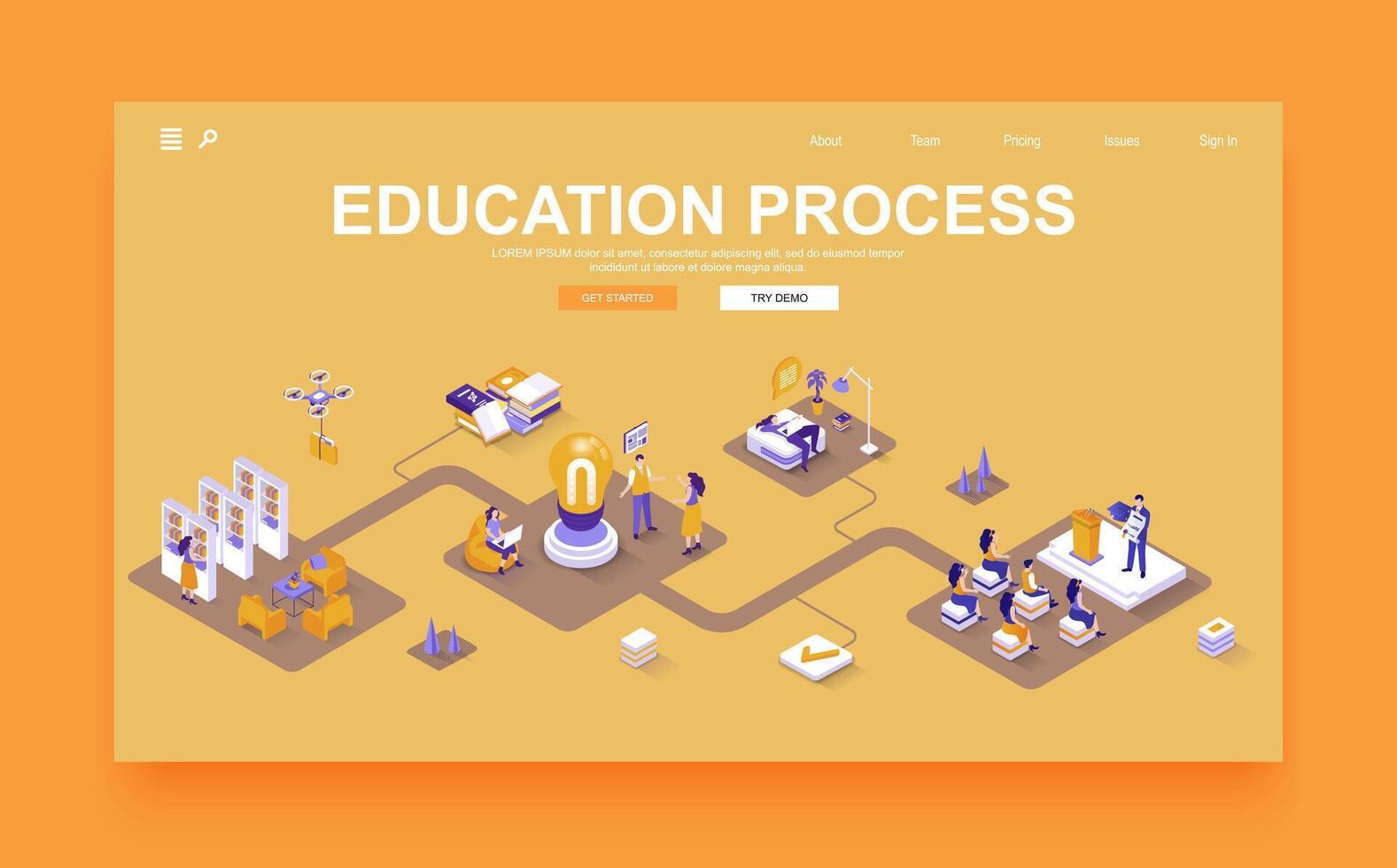 Educação processo conceito 3d isométrico aterrissagem página modelo. pessoas estudo, comparecer Aulas e biblioteca, discutir com alunos, graduação. vetor ilustração dentro isometria gráfico Projeto.