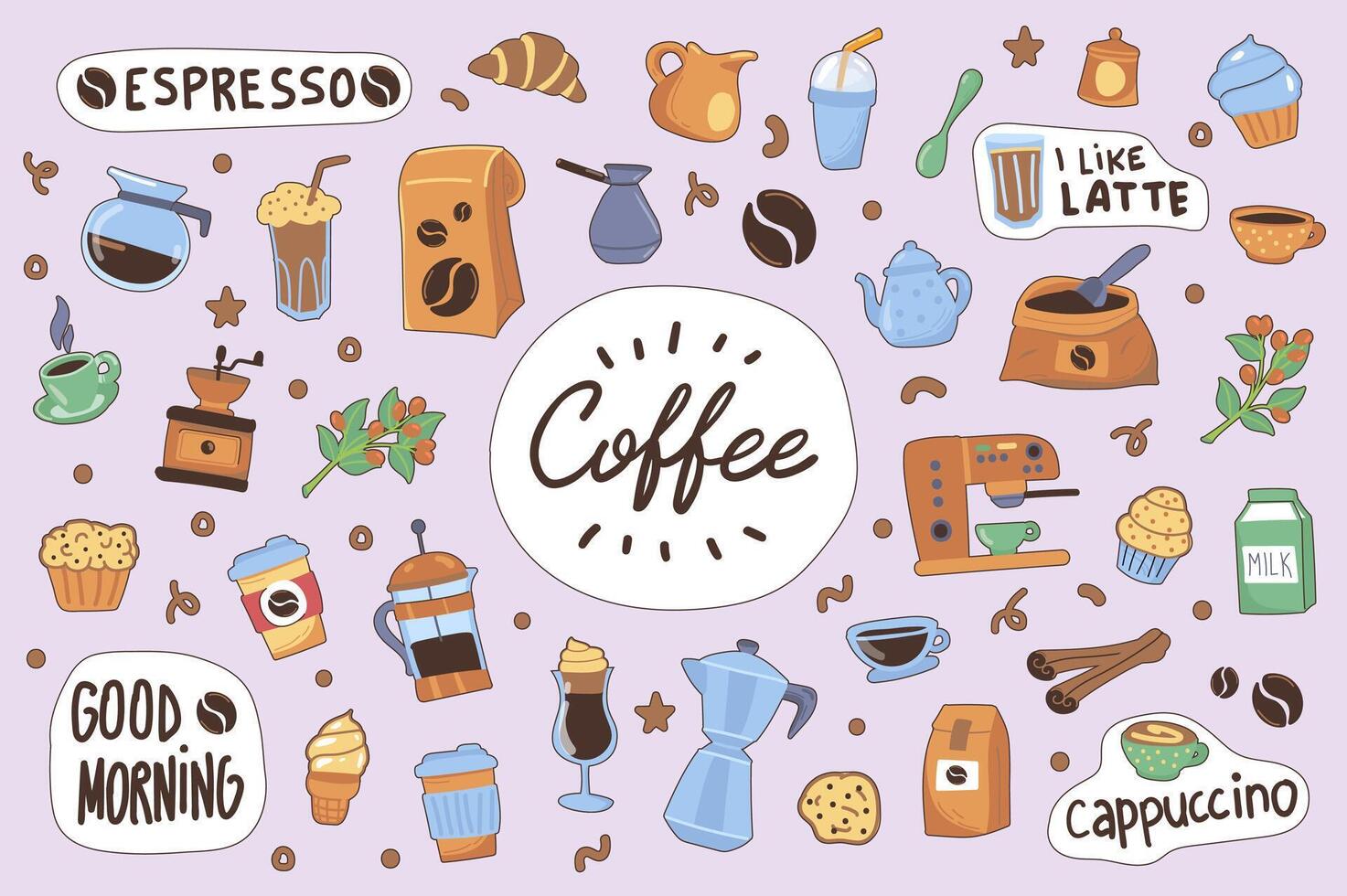 café fofa adesivos conjunto dentro plano desenho animado Projeto. coleção do capuccino, máquina, xícara, cezve, café com leite, Boa manhã, expresso, Bolinho e outro. vetor ilustração para planejador ou organizador modelo