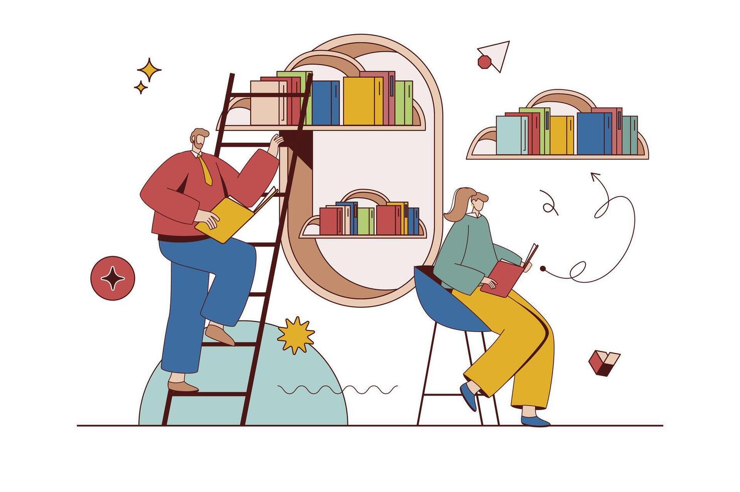 nuvem biblioteca conceito com personagem situação dentro plano Projeto. homem e mulher lendo conectados livros e loja arquivos usando arquivos com nuvem tecnologia. vetor ilustração com pessoas cena para rede