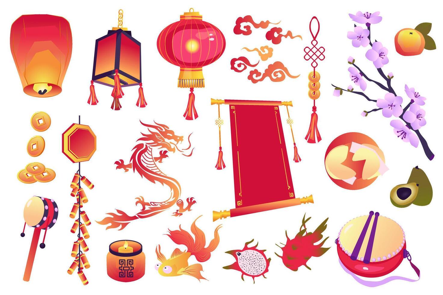 chinês cultura símbolos conjunto gráfico elementos dentro plano Projeto. agrupar do vermelho céu lanternas, moedas, Dragão, velas, fruta do dragão, sakura filial, caqui, e outro. vetor ilustração isolado objetos