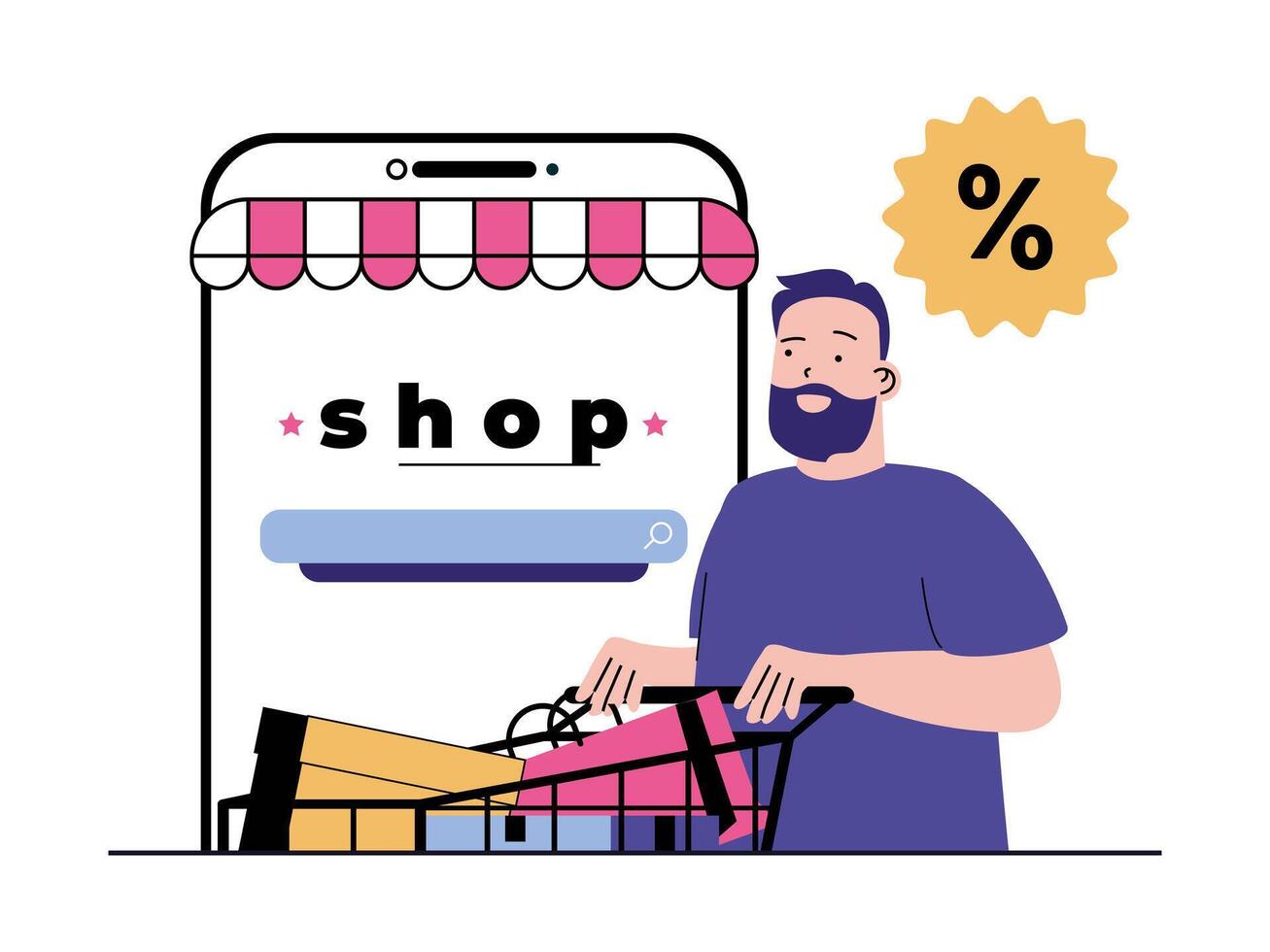 compras conceito com personagem situação. homem empurrando supermercado carrinho com bolsas e comprando conectados às desconto preços durante vendas temporada. vetor ilustração com pessoas cena dentro plano Projeto para rede