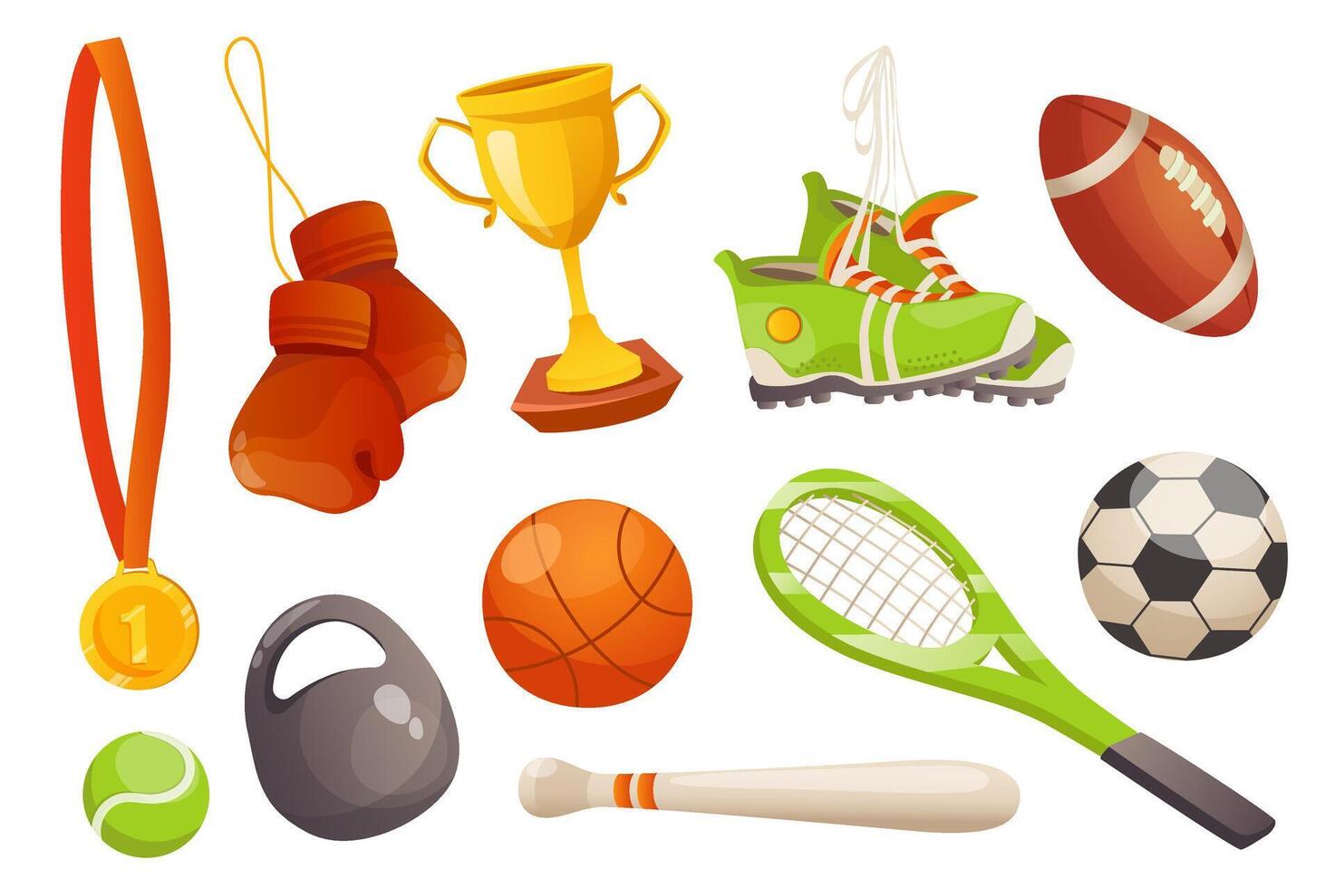 esporte equipamento conjunto gráfico elementos dentro plano Projeto. agrupar do , ouro medalha, boxer luvas, campeonato xícara, tênis, beisebol bola, tênis raquete e outro. vetor ilustração isolado objetos