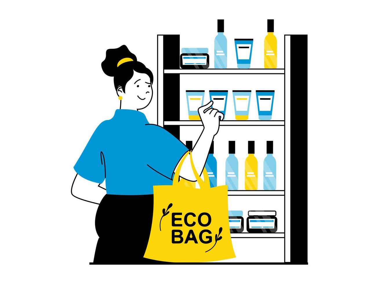 zero desperdício conceito com personagem situação. mulher usando tecido eco saco para compras, comprando orgânico produtos e eco amigáveis Unid. vetor ilustração com pessoas cena dentro plano Projeto para rede