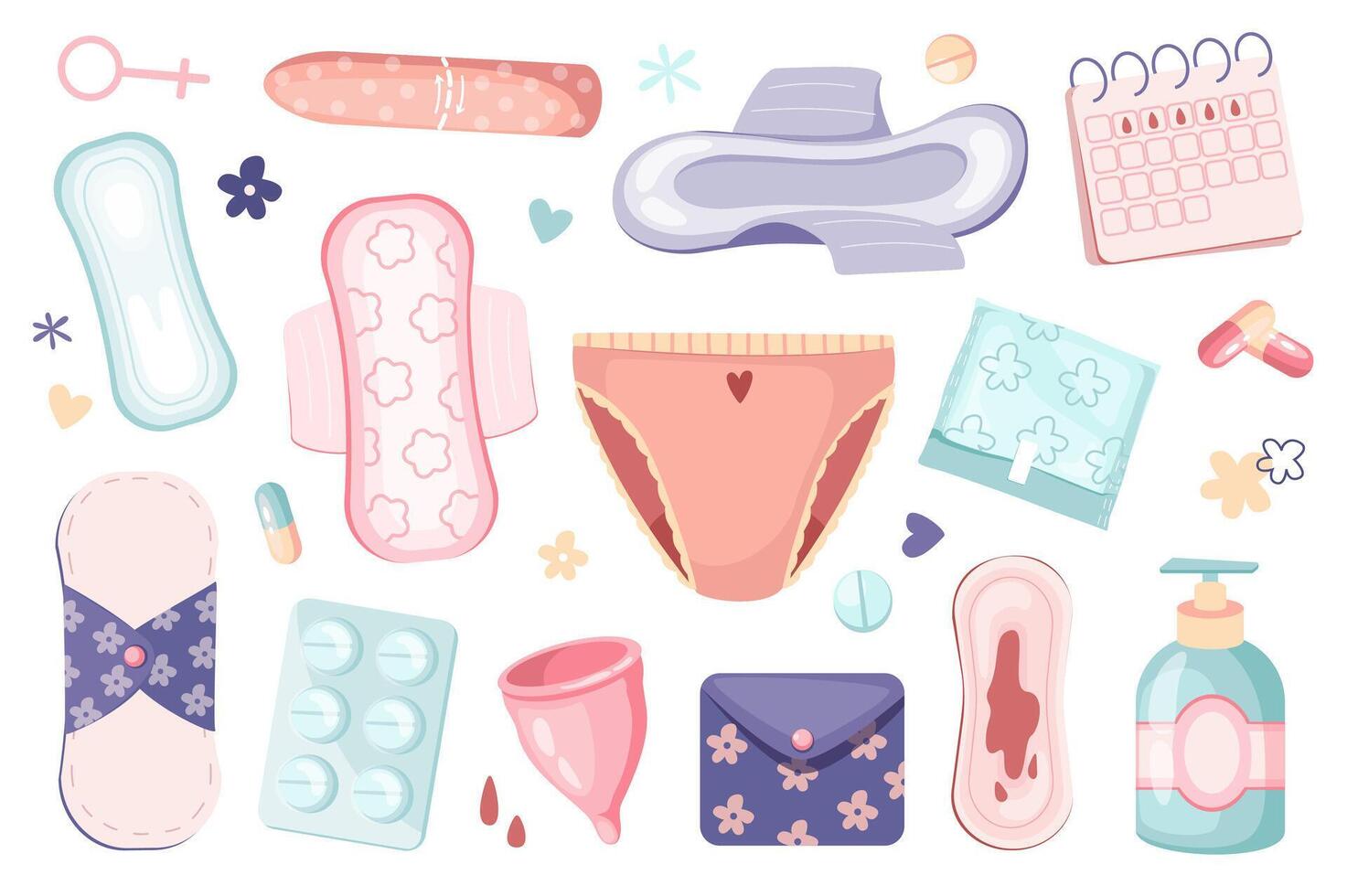 mulheres período conjunto gráfico elementos dentro plano Projeto. agrupar do absorvente interno e almofadas, calendário, nascimento ao controle pílulas, íntimo gel, menstrual xícara, fêmea calcinha e outro. vetor ilustração isolado objetos