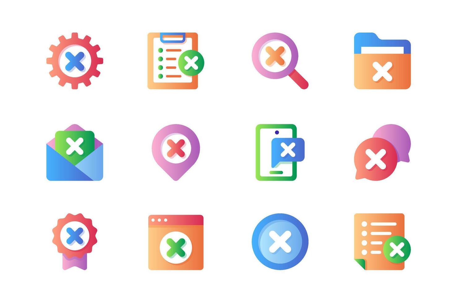 rejeitar ícones conjunto dentro cor plano Projeto. pacote do erro engrenagem, Pare lista, erro procurar, fechar arquivo, carta, errado mensagem, negativo bate-papo bolha e outro. vetor pictogramas para rede sites e Móvel aplicativo