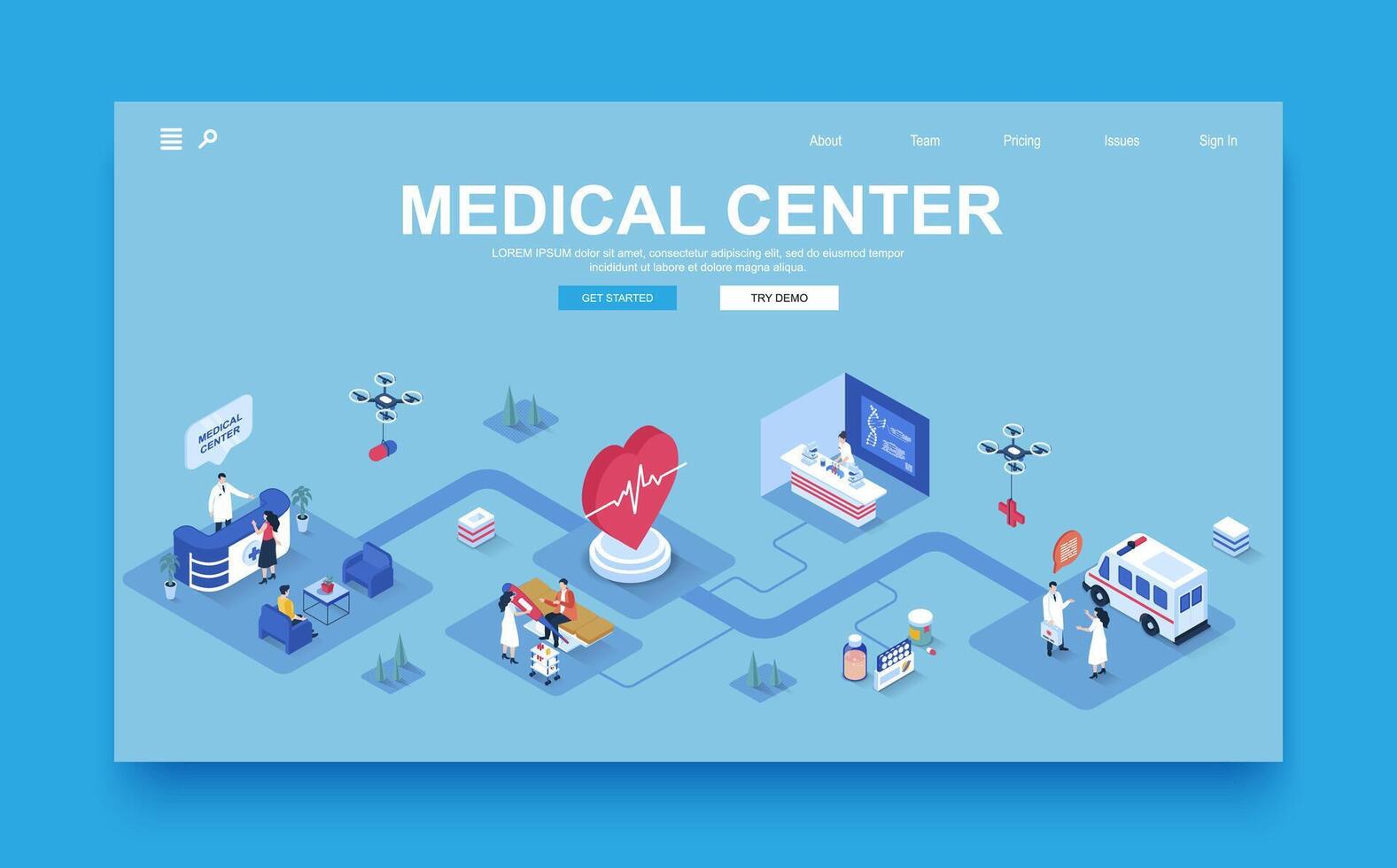 médico Centro conceito 3d isométrico aterrissagem página modelo. pessoas Visita hospital, receber consultas a partir de terapeuta, Faz testes dentro laboratório. vetor ilustração dentro isometria gráfico Projeto.