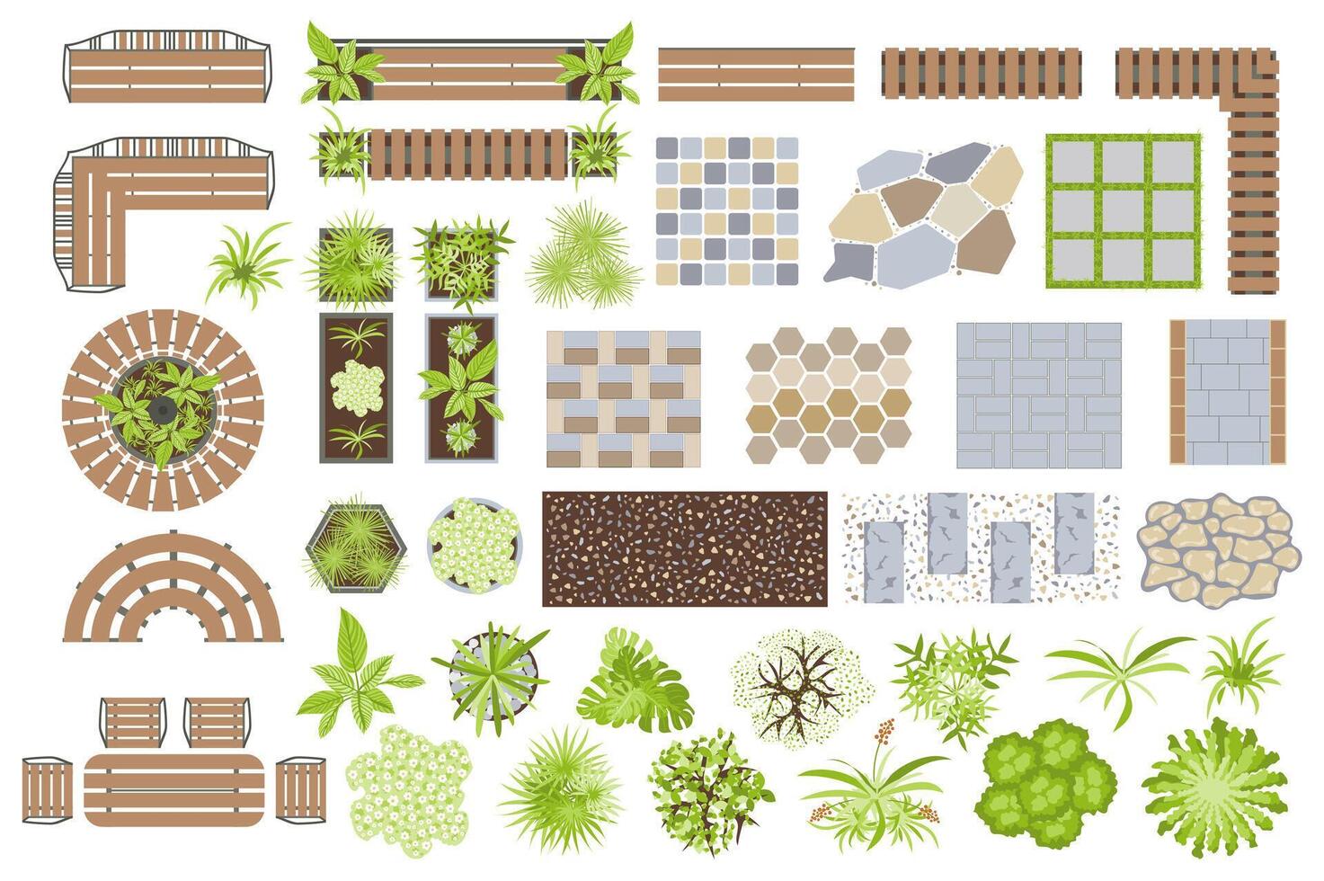 arquitetônico elementos conjunto gráfico elementos dentro plano Projeto. agrupar do caminhos, azulejos, plantas, mesa, cadeiras, bancos e de outros dentro topo Visão para jardim Jardim mapa. vetor ilustração isolado objetos