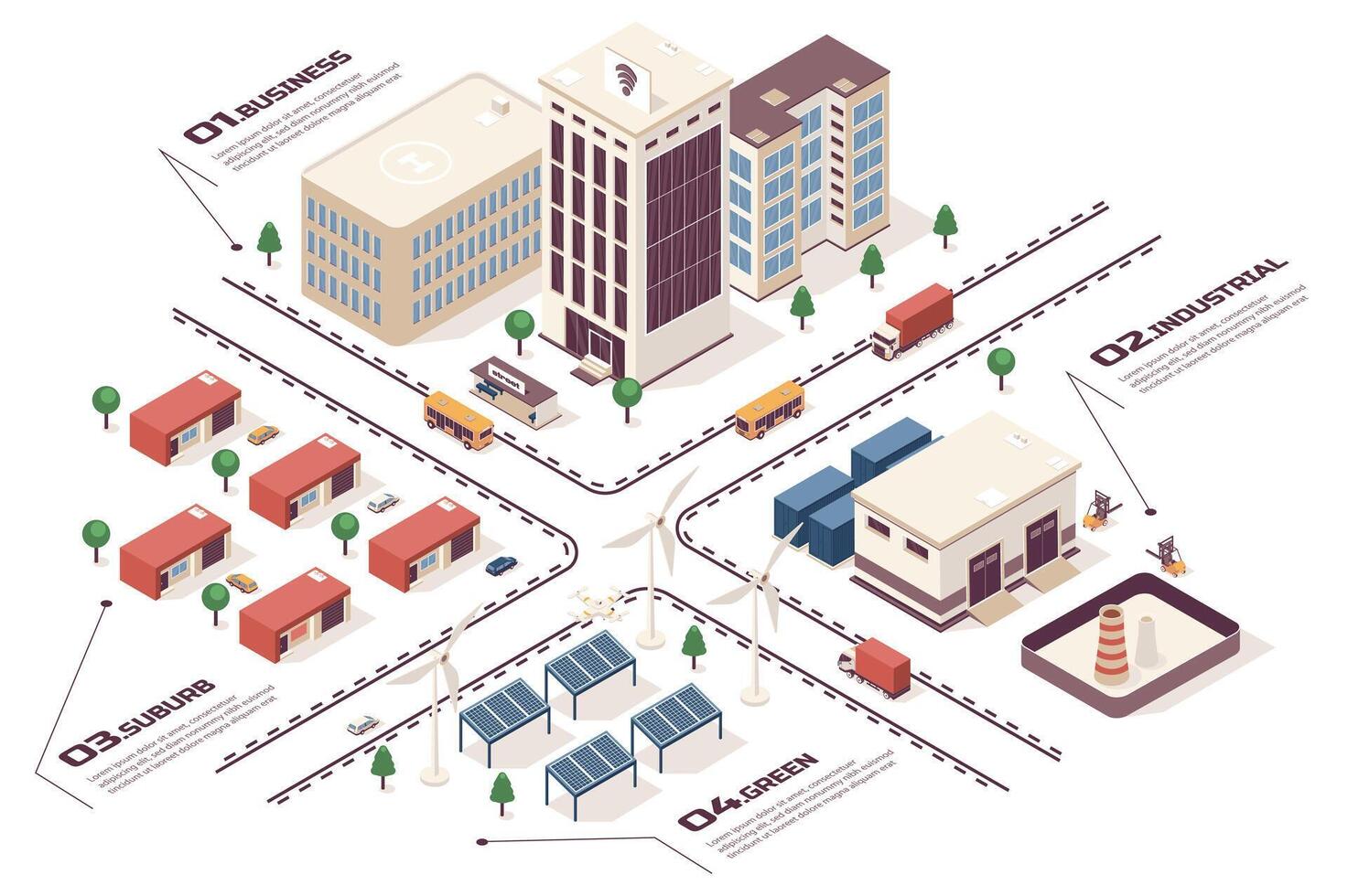 inteligente cidade conceito 3d isométrico rede infográfico fluxo de trabalho processo. a infraestrutura mapa com o negócio edifícios, industrial área, verde energia, subúrbio. vetor ilustração dentro isometria gráfico Projeto