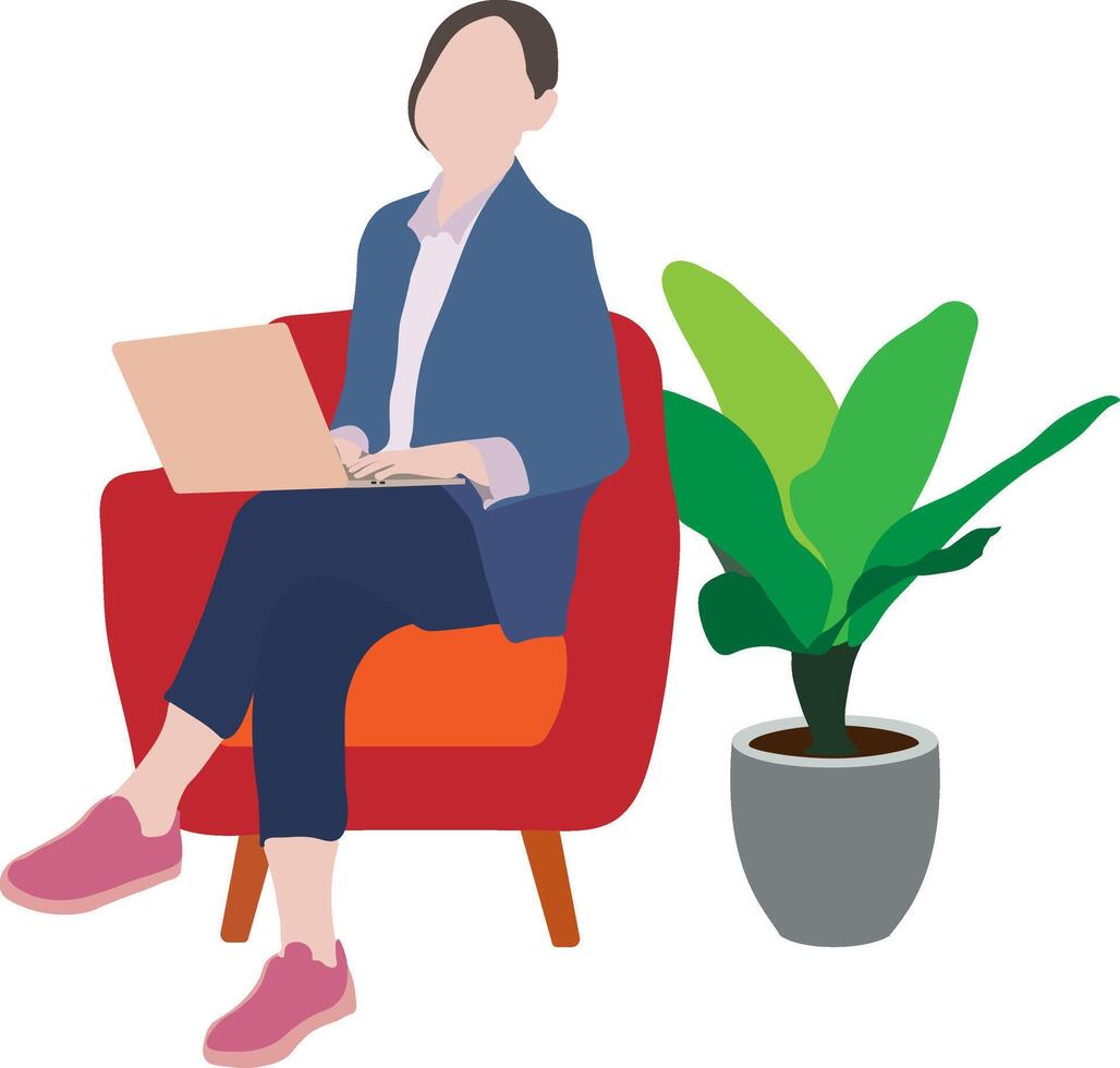 mulher é sentado em uma cadeira às casa com uma computador portátil computador, controlo remoto trabalhar, escritório às lar, programação, freelance, estude às lar, plano vetor ilustração