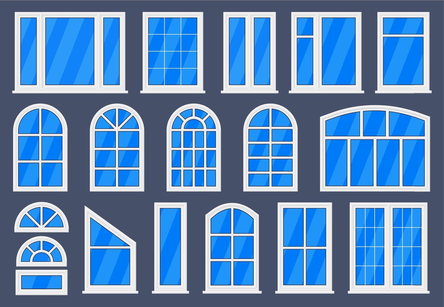 branco janelas. plástico casa ou escritório janelas, transparente vidro interior e exterior janelas. lado de fora Visão PVC janelas vetor ilustrações