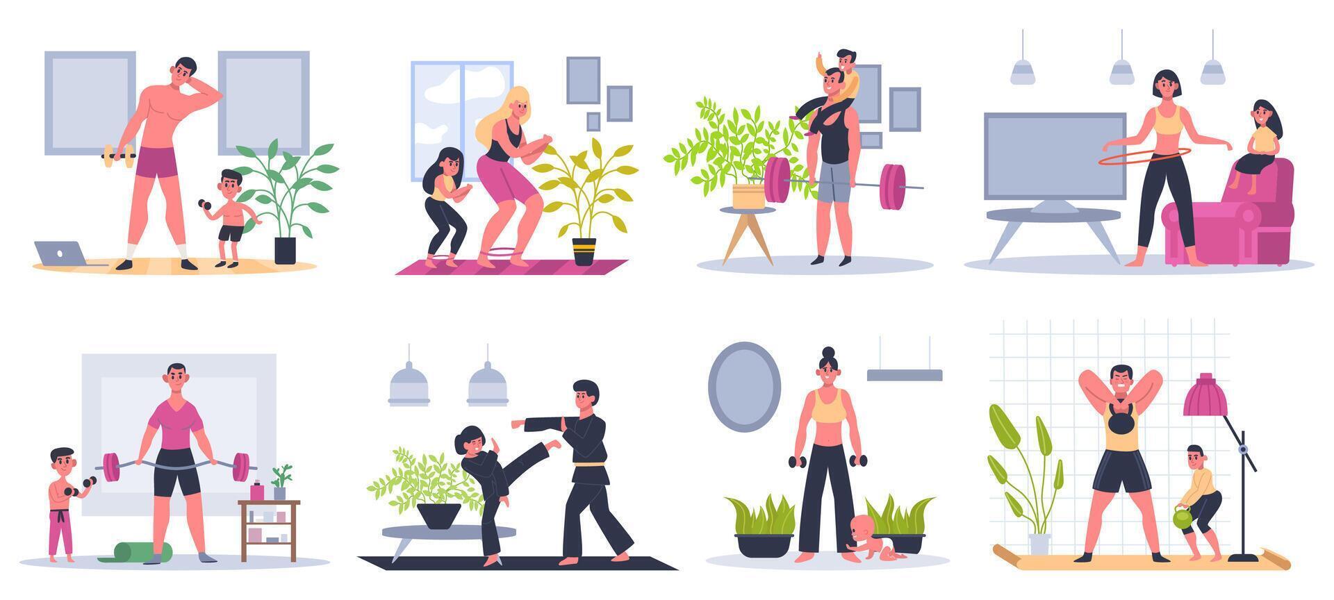 casa família fitness. mãe, pai e crianças exercício às lar, irmãos exercite-se Atividades, famílias saudável estilo de vida vetor ilustração conjunto