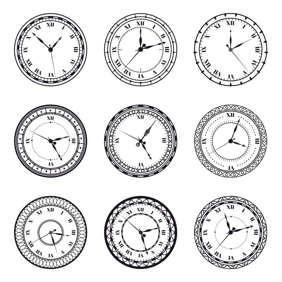 antigo Assistir face. vintage Antiguidade relógios, excêntrico 12 horas volta relógio, romano numerais cronômetro relógio vetor ilustração símbolos conjunto