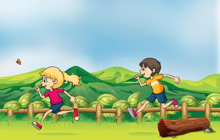 Um menino e uma menina correndo vetor
