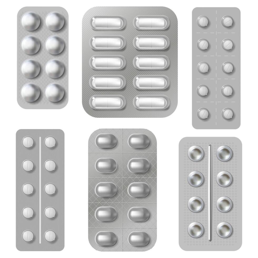 bolha comprimidos e pílulas pacotes. realista remédio vitaminas cápsula e antibióticos embalagem. farmacêutico drogas embalagem isolado vetor conjunto