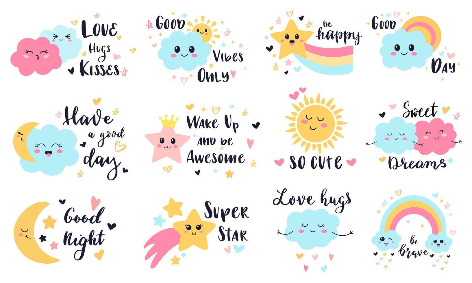 fofa bebê rótulos. crianças sol, nuvem e arco Iris decorativo adesivos, fofa bebês sorridente clima personagens vetor ilustração símbolos conjunto