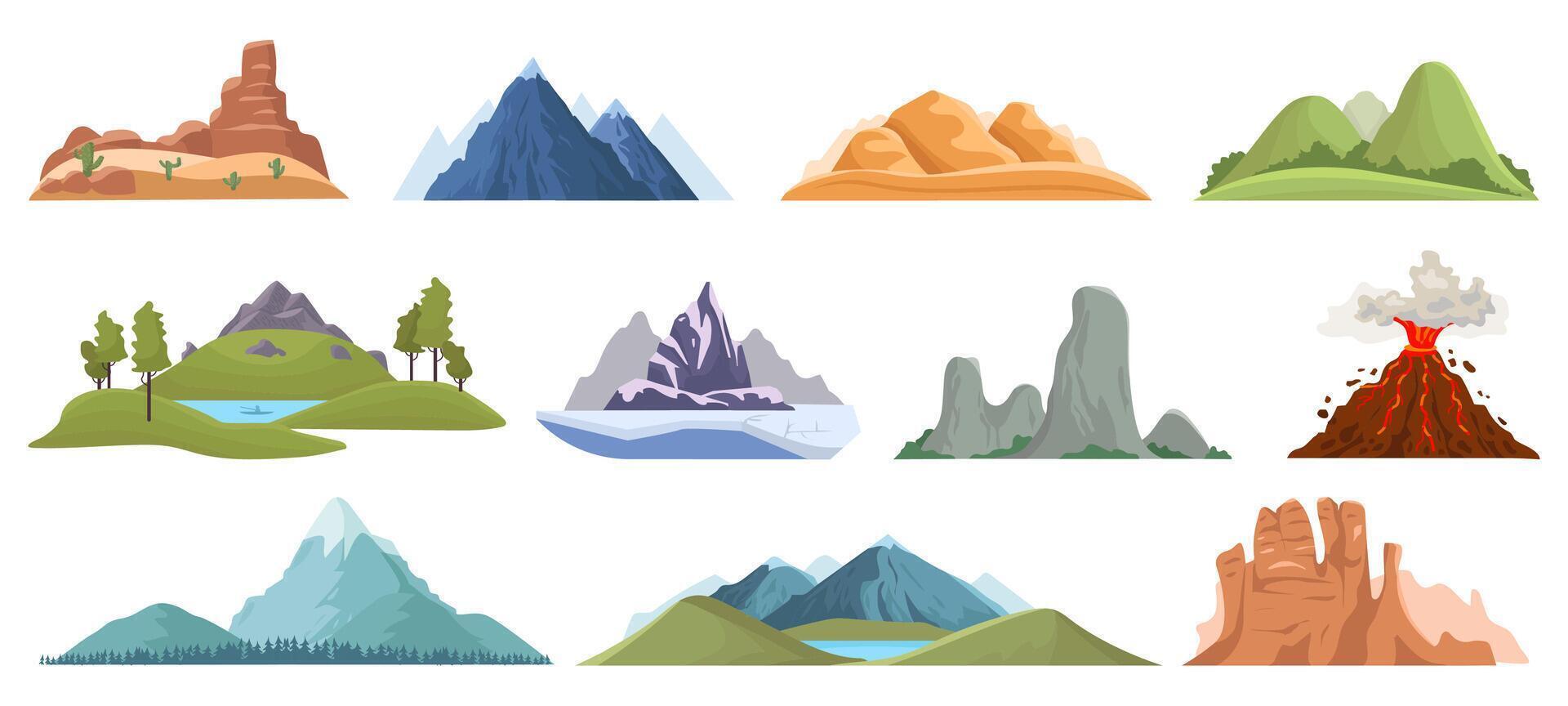 montanha picos. neve gelo topos, verde colinas e vulcão ao ar livre paisagem, caminhada, escalada montanha vale Visão vetor ilustração conjunto